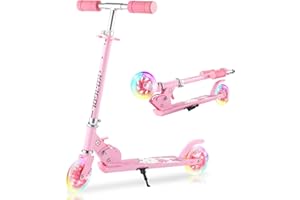 KORGOL Scooter for Kids Ages 3-12 - Kids Kick Scooters with Led Light Up Wheels & 3 Levels Adjustable Handlebar, Lightweight Foldable 2 Wheel Girly Pink Scooter Christmas Birthday for Girls Boys.
