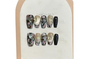 UNIYVOH Short Coffin Press on Nails Handmade False Nails with Designs, 3D Hand-painted Reusable Fake Nails Stick on Nail (Floral Oil Painting, S)