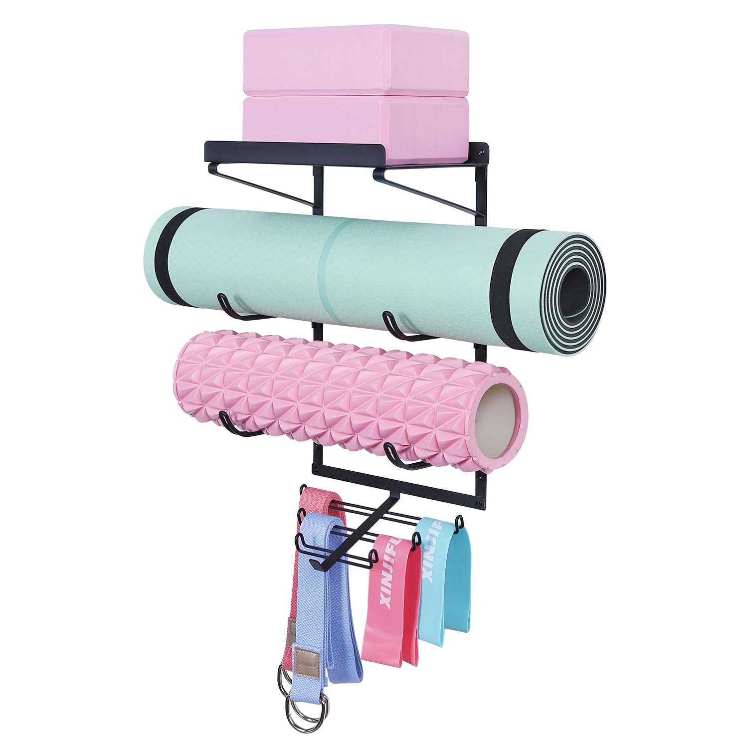 Photo 1 of Yoga Mat Holder Wall Mount Yoga Mat Storage Rack Home Gym Accessories with 3 Sectional and 7 Hooks for Hanging Foam Roller and Resistance Bands at Fitness Class or Home Gym