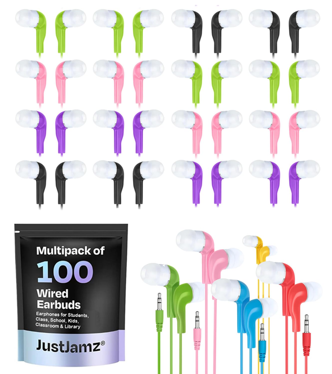JustJamz Bulk Earbuds Jelly Roll | 100 Pack of Colorful in-Ear Earbuds, Wired Earphones for Smartphones & Laptop, Disposable Headphones for Kids & Adults, Assorted Colors — image 1