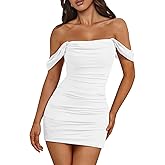 Trendy Queen Womens Mesh Off The Shoulder Ruched Mini Dresses Summer Party Bodycon Short Dress