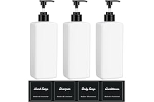 Suream 3Pack Empty Plastic Bottles with Pump, 16.9oz Refillable Shampoo Bottles for Shower, Lotion Press Dispenser, White Countertop Container for Shampoo, Conditioner, Body Soap, Hand Sanitizer, Oil