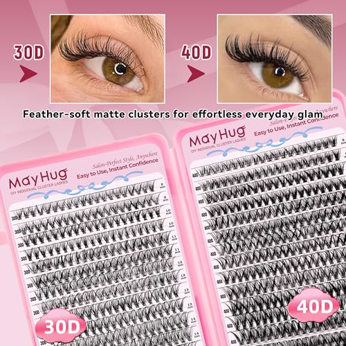 Mayhug Lash Clusters Kit, 640 Pcs Eyelashes Clusters Extensions 9-16mm Individual Lashes D Curl Fluffy Wispy False Eyelashes Thin Band, with Bond Seal Remover Tweezers Brush DIY (30D+40D Kit 9-16mm)