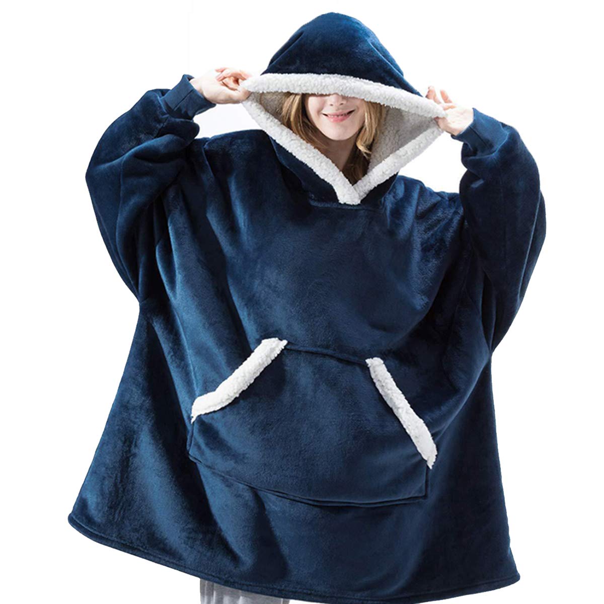 IvyH Oversized Hoodie Sweatshirt Blanket, Wearable Blanket Sherpa Hooded Sweatshirt Long Sleeve Super Soft Warm Hoody One Size fits Men Women Girls Boys Unisex(Blue)