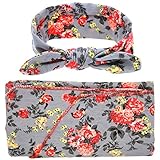 OULII Baby Swaddle Sack Wrapped Blanket Rabbit Ears Elastic Flowers Bowknot Headband Set (Grey)