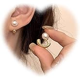 Crymystal Pearl Jacket Women's Earrings Vintage Pearl Earrings Open Half Hoop Earrings Gold Pearl Studs Pearl Front and Back Earrings Jewelry for Girls Gifts