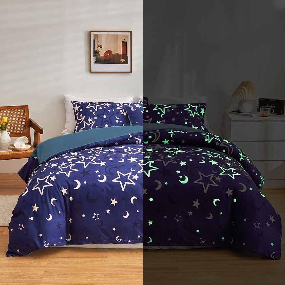 Galaxy Glow in The Dark Bedding Set for Girls Kids Blue Universe Starry Night Duvet Cover Super Soft Glow 220x260cm Bed Outer Space Stars Moon Comforter Cover Set Girl Bedroom