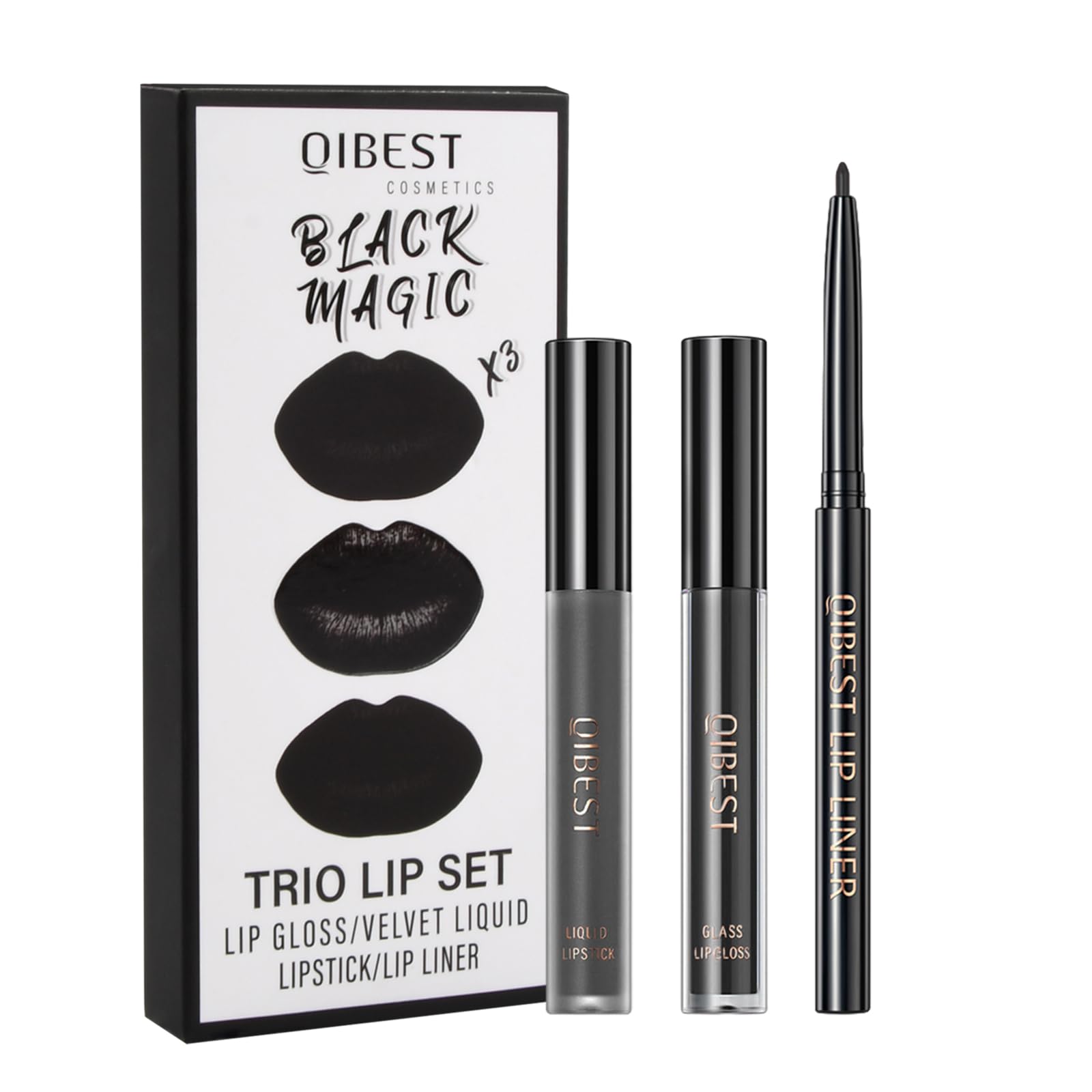 3 In 1 Matte Moisturizing Lip Liner Lipstick Set, 3Pc Liquid Black Lipsticks, Long-Lasting Creamy Matte Lip Gloss Set for Party