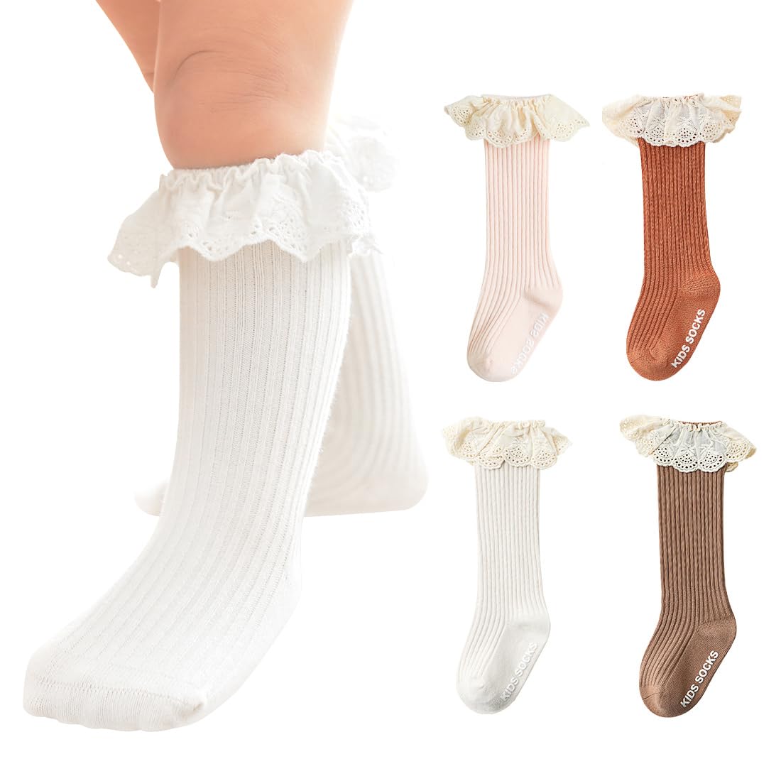 Photo 1 of HOUSEYUAN Infant Frilly Baby Girls Knee High Socks White Newborn Thigh Lace Ruffle Long Socks Toddler Tights Stockings 4 Pairs 0-12 Months