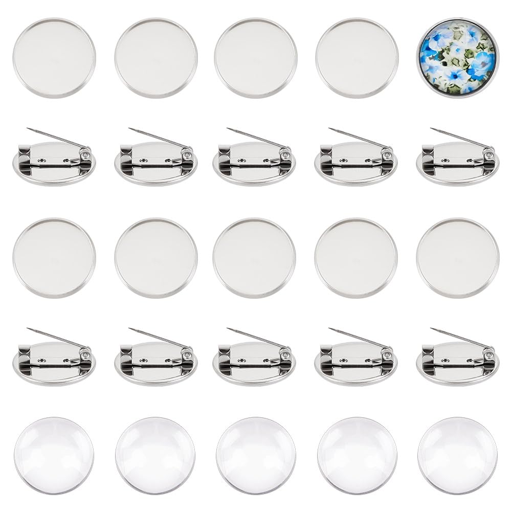UNICRAFTALE 30 Sets 20mm Flat Round Stainless Steel Brooch Tray Base Blank Cabochon Brooches Making Kit Clear Glass Cabochons Brooch Clasps Pin Disk Base Christmas Day for Jewellery Making Kits — image 1