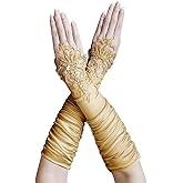 ZaZa Bridal Gathered Satin Fingerless Gloves w/Floral Embroidery Lace & Sequins