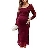 AISWI Mesh Ruched Maternity Dress Baby Shower Wedding Guest Pregnancy Shoot Fall Long Short Sleeves Square Neck