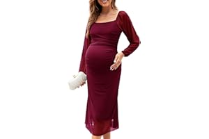 AISWI Mesh Ruched Maternity Dress Baby Shower Wedding Guest Pregnancy Shoot Fall Long Short Sleeves Square Neck
