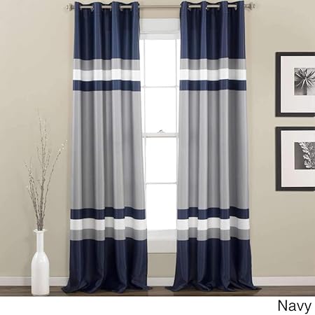 Unkn 2pc 84 Navy Silver Grey Rugby Stripes Curtains Pair Panel Set