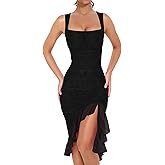 BORIFLORS Women's Sexy Ruched Bodycon Midi Dresses Square Neck Sleeveless Ruffle Hem Club Party Tank Dress