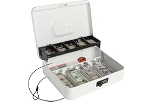 LOVNDI Cash Box with Combination Lock, Money Safe for Cash, Lock Box with Security Cable 11.8 x 9.5 x 3.54 Inches, White