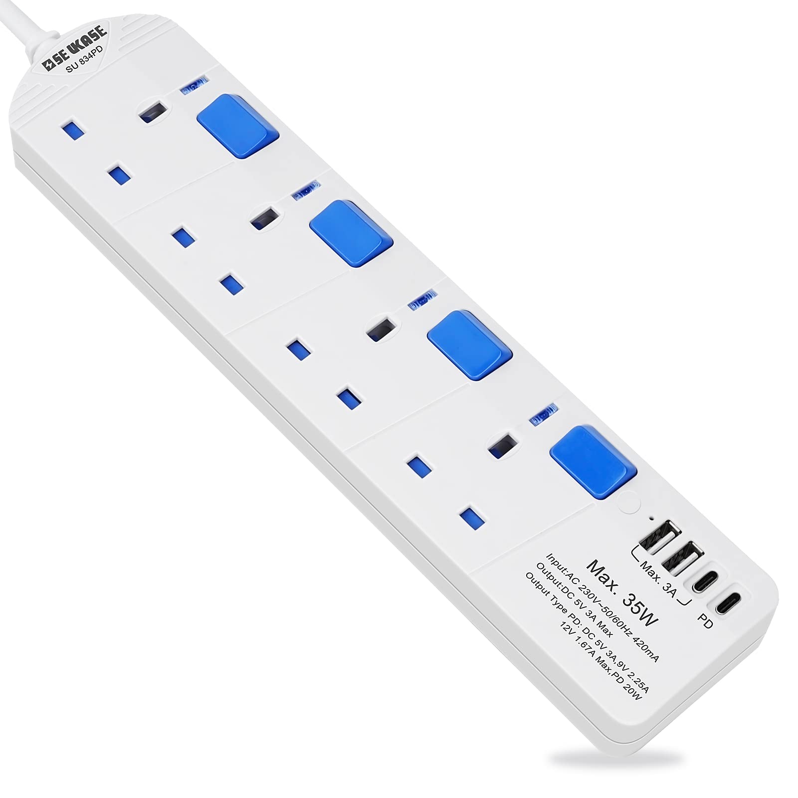 SE UKASE Extension Lead withUSB-C PD port,Fast Charging, 4 Way Plug Sockets with Individual Switches USB and Type C, Wall Mount Design with 2M Extension Cable 2990W/13A SU 834PD