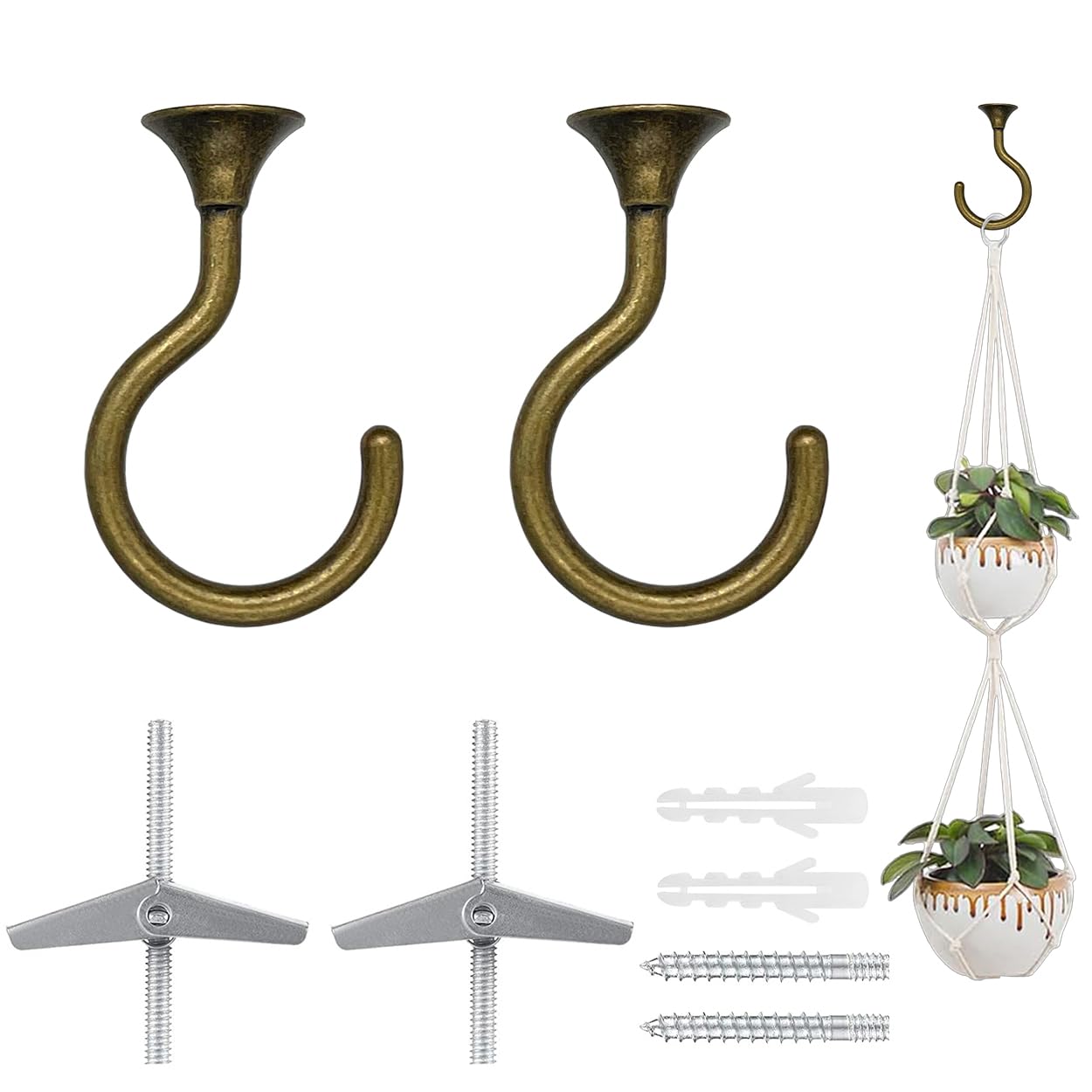 Photo 1 of 2 Sets Heavy Duty Swag Ceiling Hooks for Hanging Plants with Hardware, Cavity WallFixing, Easy to Install, Holds Up to 30 lbs, Antique Brass for Home & Garden