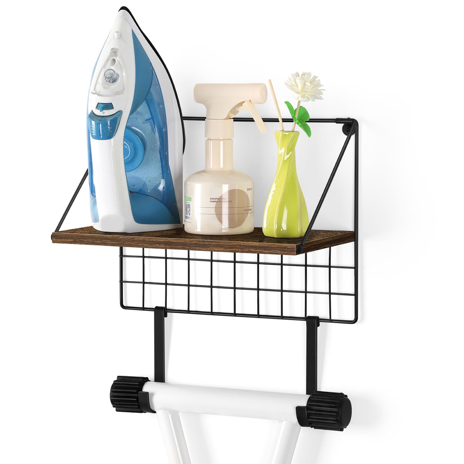 OYEAL Ironing Board Holder Wall Mount Iron Holder with Storage Shelf Iron and Ironing Board Hanger Laundry Room Storage Organizer with Removable Metal Hooks for T-Leg Ironing Boards, Rustic Brown