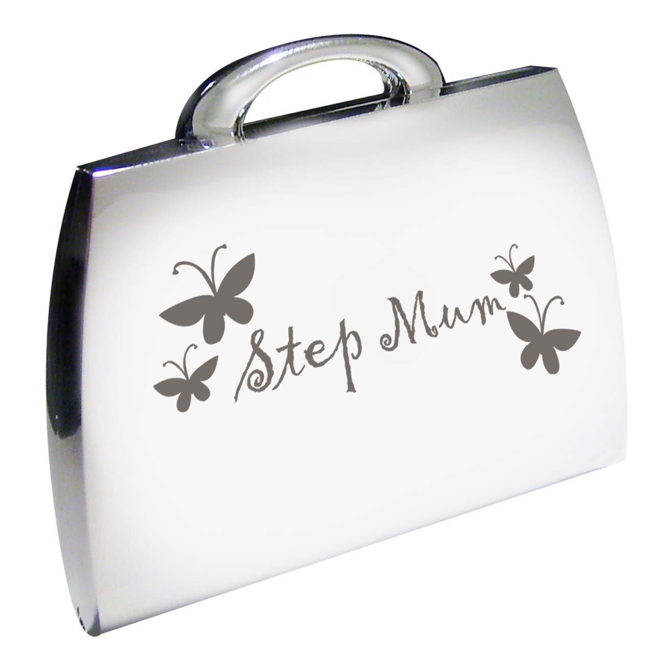 Silver Finish Step Mum Handbag Compact Mirror with Butterfly Motif Great Gift Idea for Mummy Birthday Christmas Mothers Day