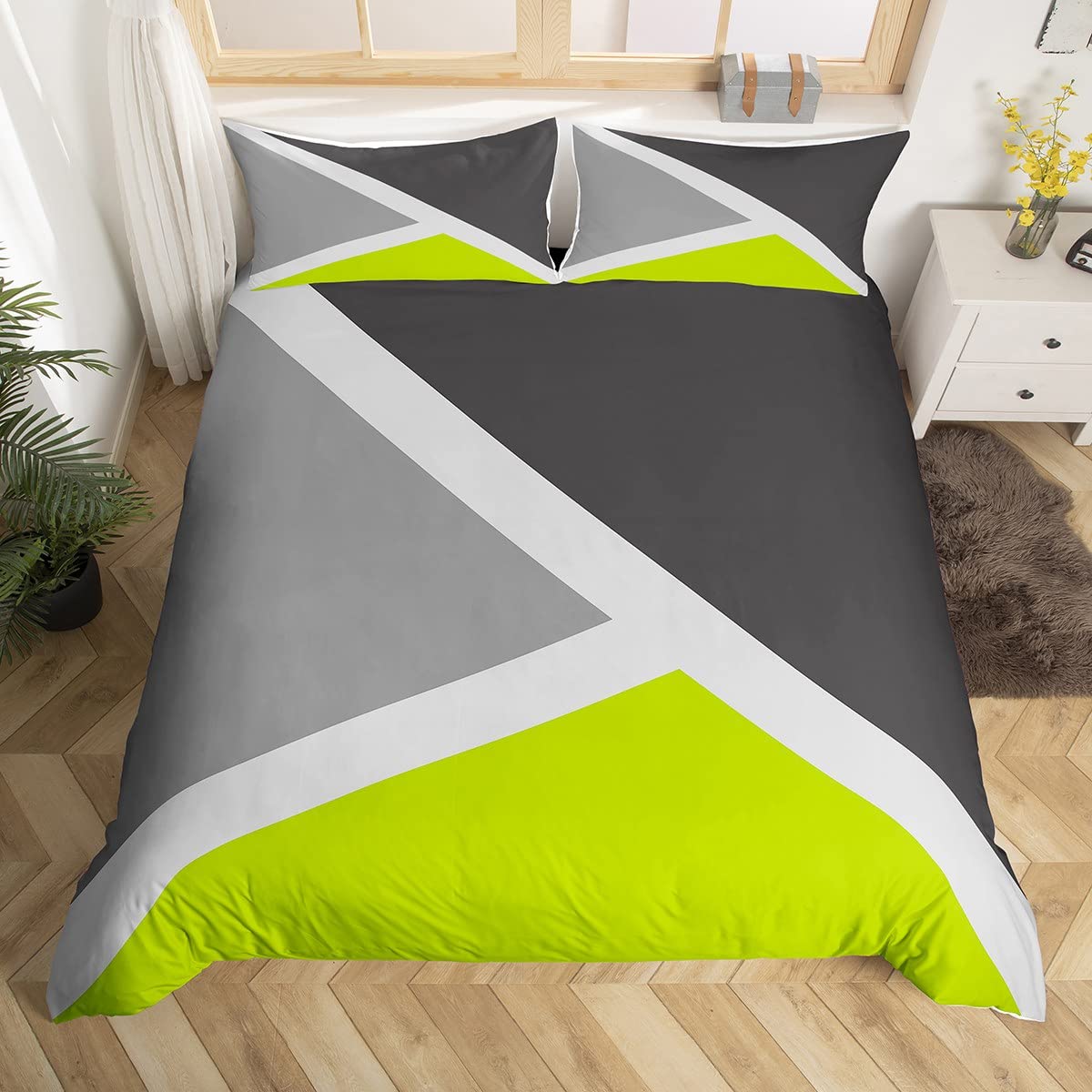 Homewish Lime Green and Gray King Size Duvet Cover Set with 2 Pillowcases - 100% Soft & Breathable Polyester, Zip Closure - Geometric Patchwork Bedding - Modern Simple Pattern with Black Reverse โ image 1