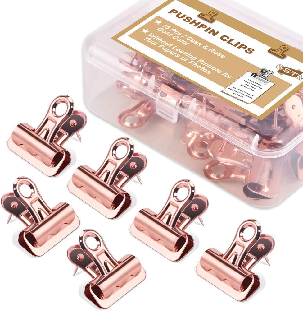 STFF 15 Pcs Push Pins Clips Creative Paper Clips with Pins for Cork Board and Photo Wall No Holes for The Paper (Rose Gold)