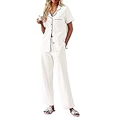 Ekouaer Women's 100% Cotton Pajamas Set Short Sleeve Button Down Pjs 2 Piece Soft Sleepwear with Long Pants Lounge Set