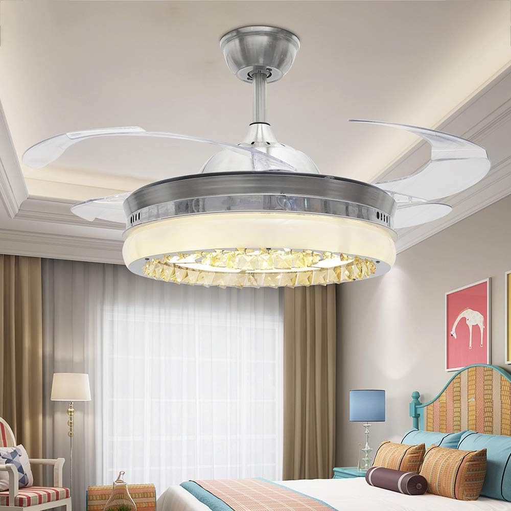 COLORLED Modern Crystal Silver Ceiling Fan Light for Living Room Bedroom 42-Inch Four Telescopic Blades Fan Chandeliers Lighting Fixture (Silver)