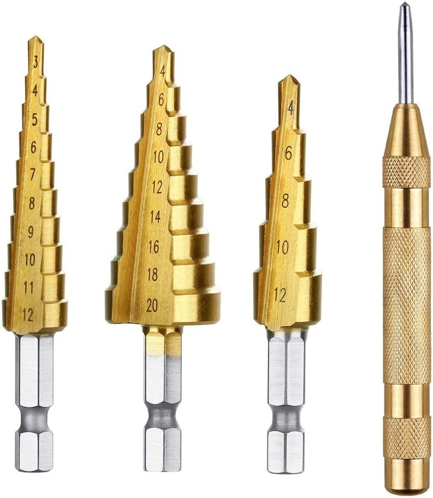 Step Drill Bit Set High Speed Steel Titanium Coated Metric Straight Groove Step Drill Bits Set with Automatic Spring Loaded Center Punch Power Tools, Hex Shank Hss Cone Uni Bit Kit for Hole Wood (Size Metric 3-12 mm 4-12 mm 4-20 mm)