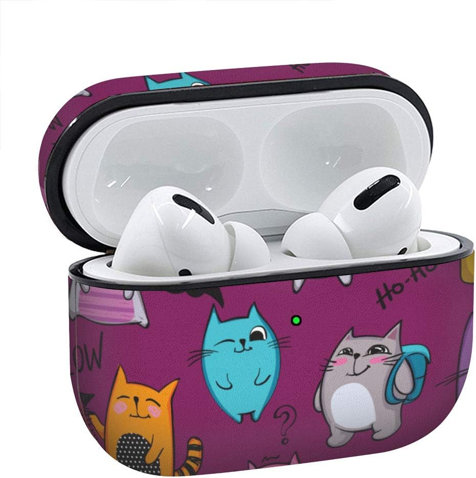Luxury Classic Elegant PU Leather Protective Shockproof Cover Case Compatible with AirPods Pro - Cartoon cat Character with Text Smart, hi, yo, LOL, Meow, ho-ho
