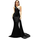 Pretty One Shoulder White Satin Beaded Mermaid Long Party Dress Formal 18th Birthday Outfits SP2006