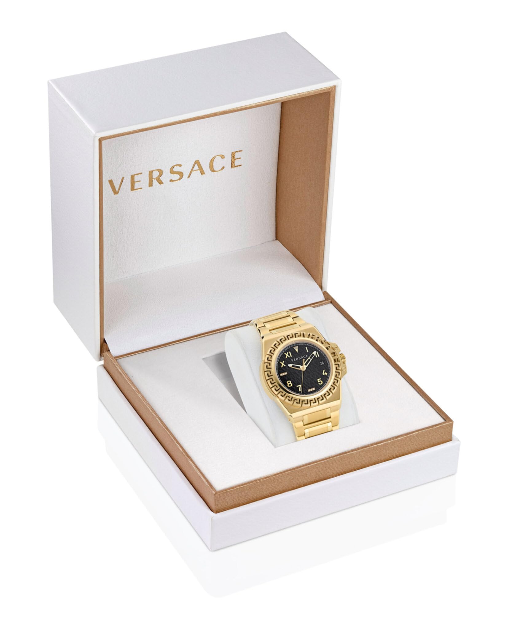 Versace Greca Reaction Collection Luxury Mens Watch Timepieces with a Gold Bracelet and Case Featuring a Black Dial