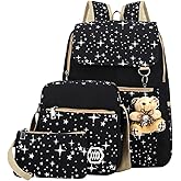 Star Print Girls Black Backpacks Set for School, School Bags Backpack Bookbags for Teenage Girls, with Crossbody Bag, 3 Pieces