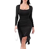 HEPOE Women's Sexy Ruched Bodycon Midi Dresses Mesh Long Sleeve Square Neck Ruffle Hem Cocktail Party Dress