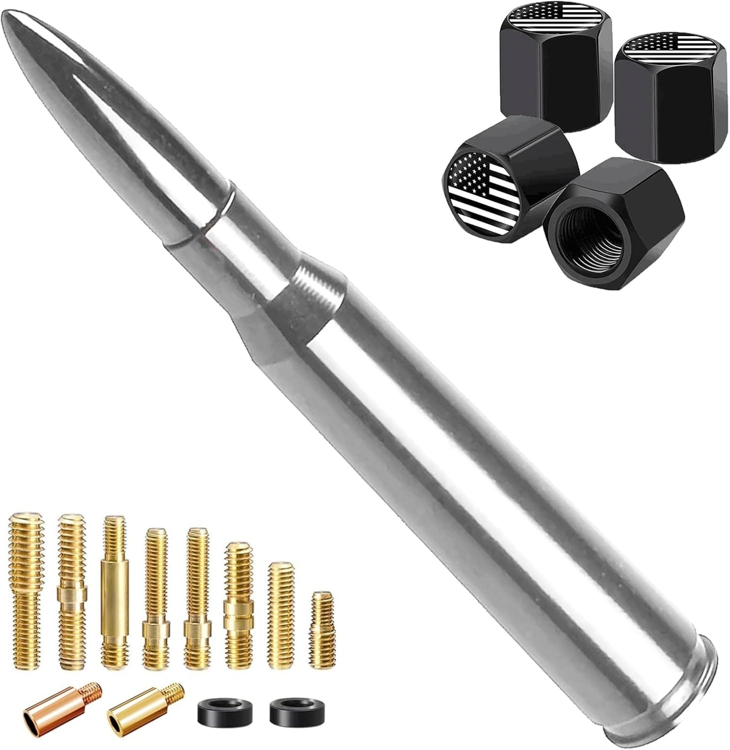 Photo 1 of Truck Car Bullet Antenna with Valve Stem Caps Mast for GM Chevy Silverado 1500 2500 3500 HD Ford F150 F250 F350 Denali Heavy Pickup Jeep Truck Accessories (Chrome)-Car wash Safe