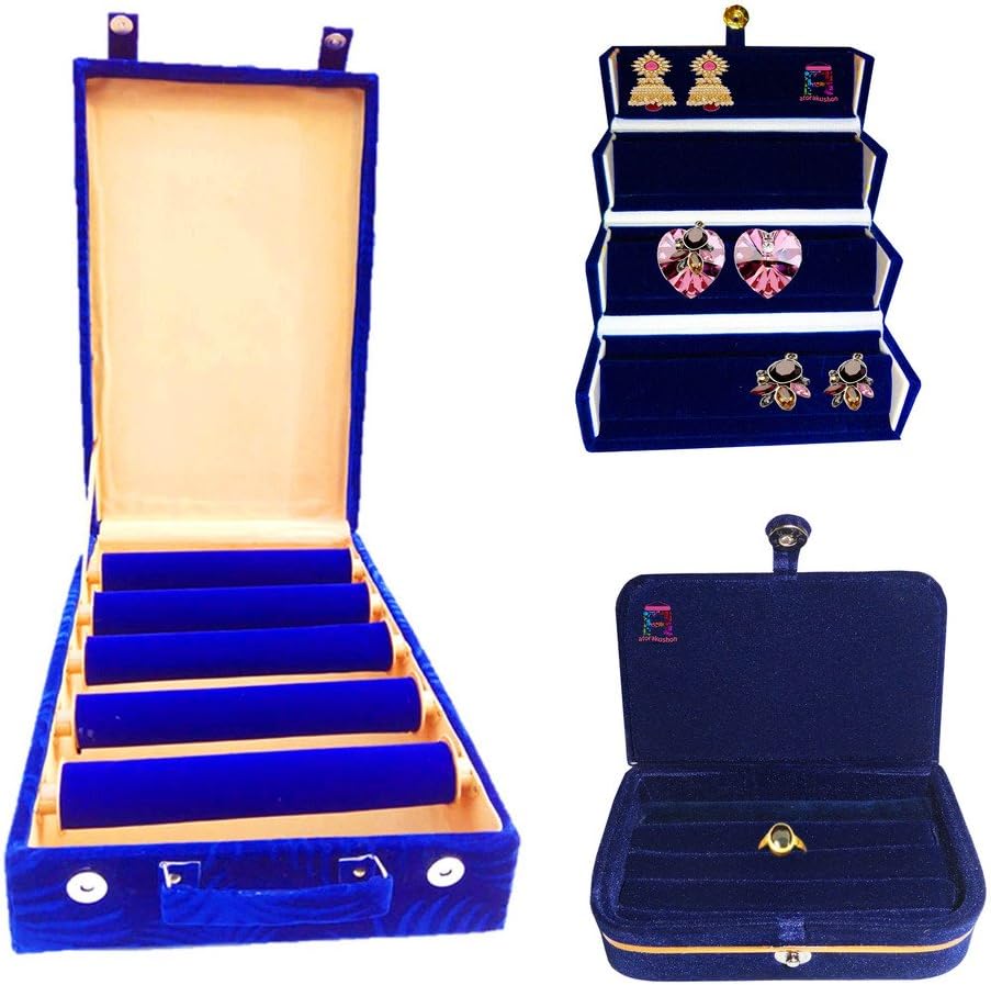 Atorakushon Wooden Velvet Blue 5 Roll Bangles Box Ring Earring Jewelry Storage Travelling Box Wedding Organiser Vanity Box Women and Girls