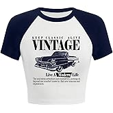 SOLY HUX Women's Color Block Graphic Tees Crop Tops Short Sleeve Crew Neck Summer T Shirt