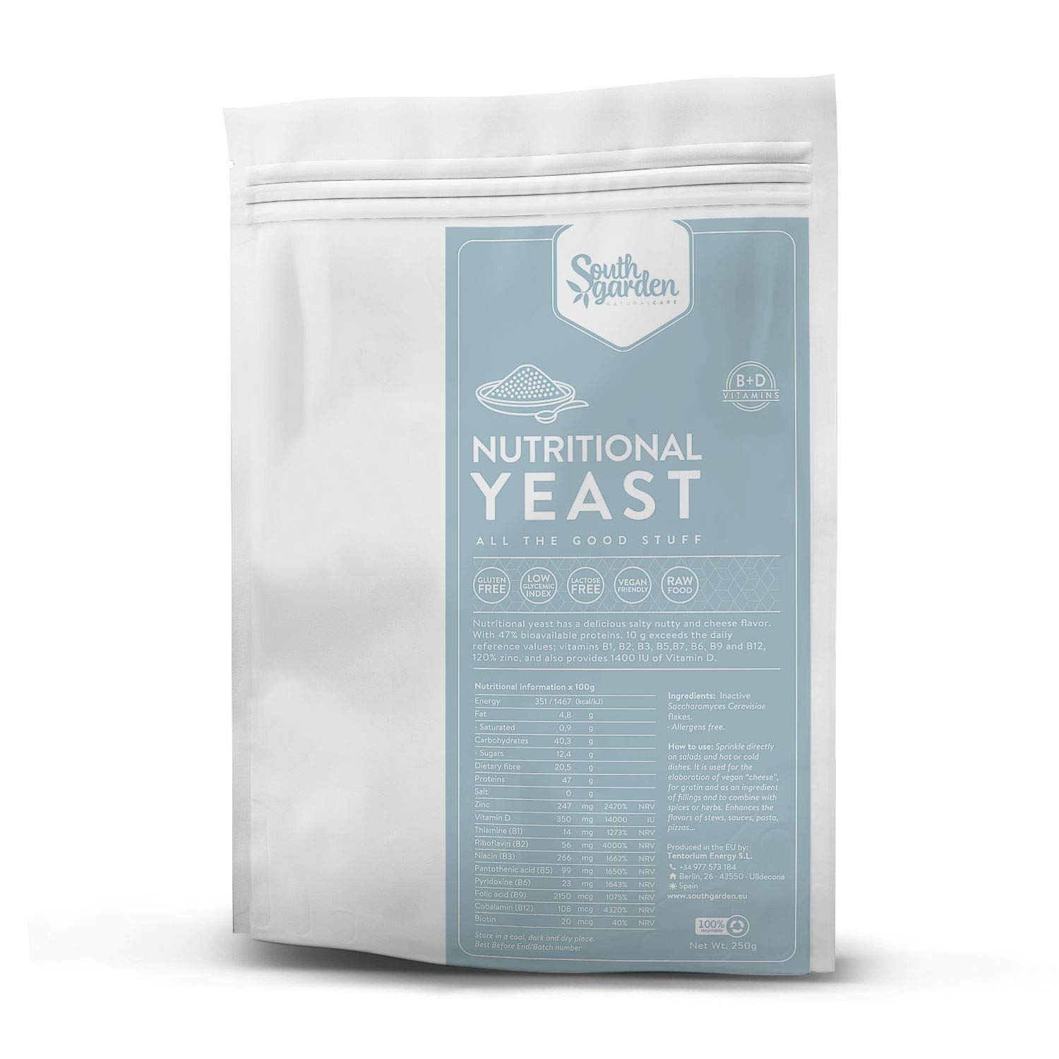 Nutritional Yeast Flakes High D Vitamin 250 g | SOUTH GARDEN | Vitamin B12 | All B and D Vitamins | 47% Protein | Vegan | Gluten Free | Dairy Free | No added Sugar