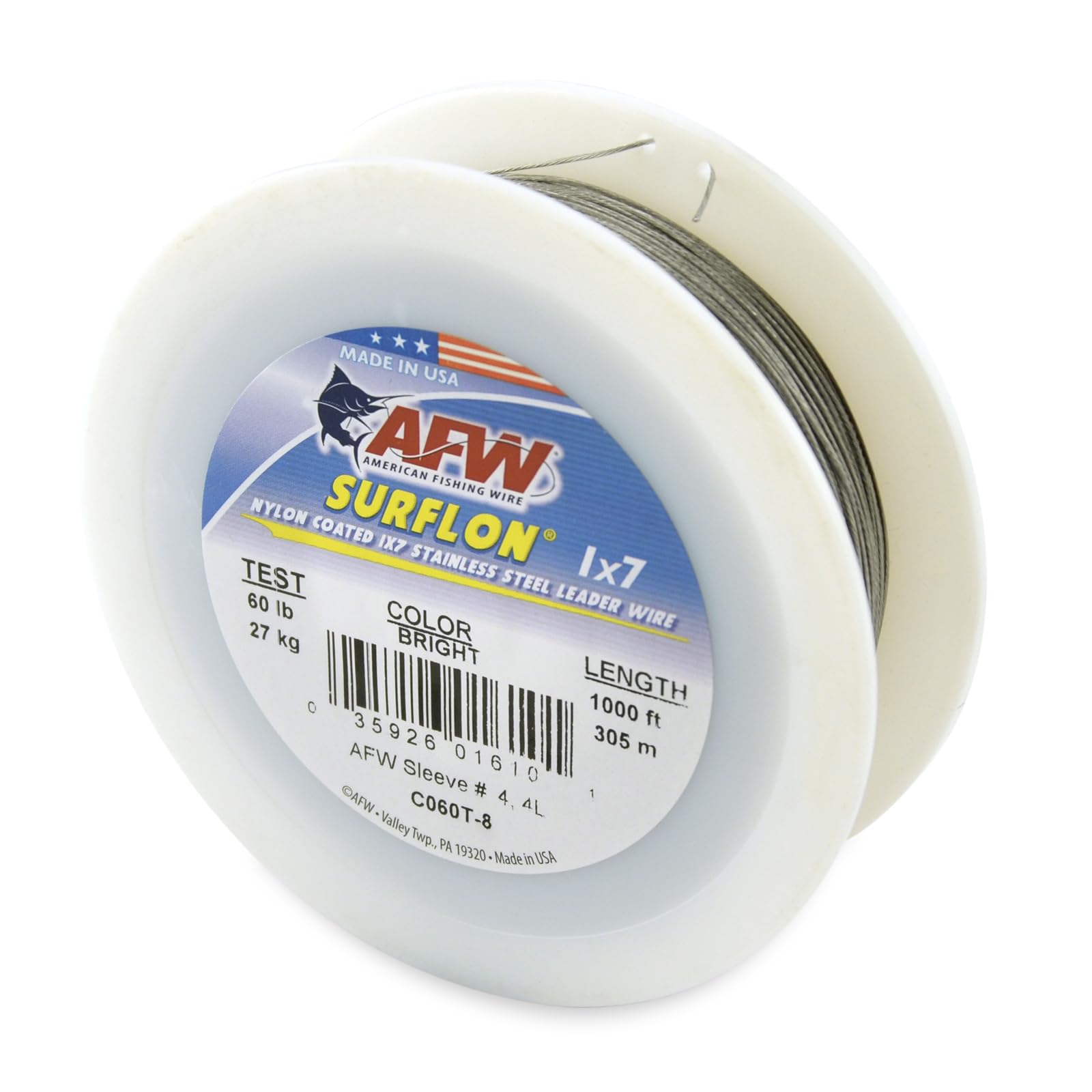 American Fishing Wire Surflon, Nylon Coated 1x7 Stainless Steel Leader Wire, 60 lb Test, .032" Diameter, Bright, 1000 ft