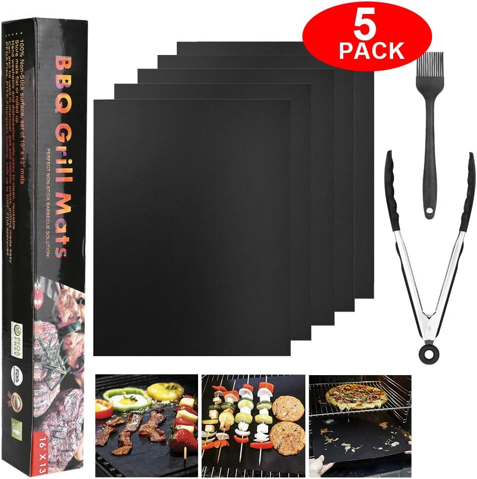 Aulola BBQ Grill Mat Set of 5, Non Stick Reusable and Easy to Clean Barbecue Grilling Accessories - Works on Electric Grill Gas Charcoal with BBQ Tongs and Silicone Brush
