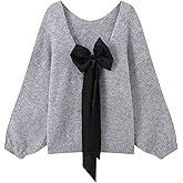ZAFUL Women's Crew Neck Bowknot Decor Cable Knit Drop Shoulder Long Sleeve Casual Pullover Sweater