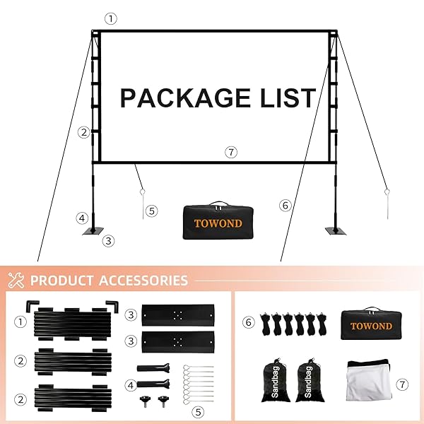 TOWOND PROJECTOR SCREEN AND STAND, 120 INCH OUTDOOR PROJECTOR SCREEN INDOOR, PORTABLE MOVIE SCREEN 16:9 4K FRONT REAR PROJECTION SCREEN WITH CARRY BAG WRINKLE-FREE DESIGN FOR HOME BACKYARD THEATER