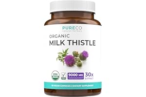 PURE CO USDA Organic Milk Thistle Capsules - 80% Silymarin Supplement for Liver Support- Super Concentrated 300mg of 30:1 Milk Thistle Extract Equivalent to 9,000mg - Milk Thistle Liver Detox 60 Day Supply
