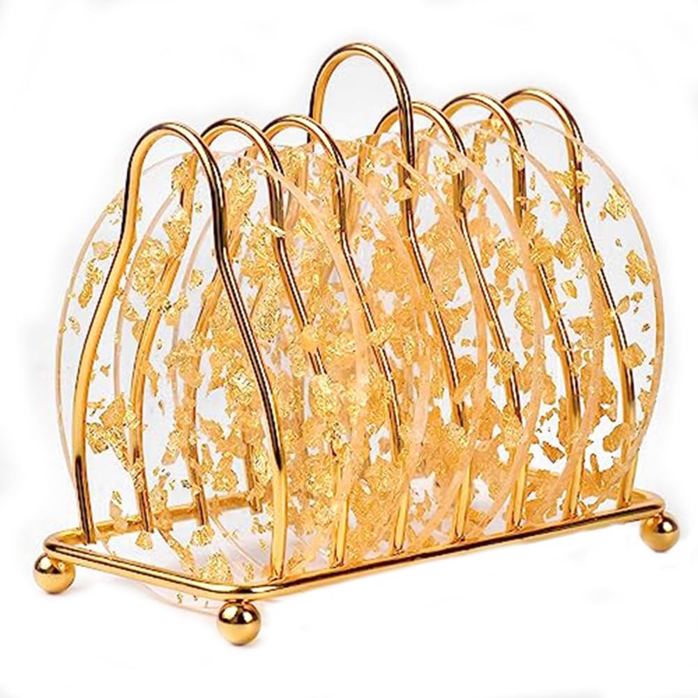 Stroagymoon 6 PCS Coasters With Holder Gold Acrylic For Tabletop Protection Bar Home Kitchen Decor