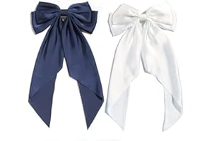 Furling Pompoms Hair Bows for Women,Large Satin Silky Hair Bow Clips Ribbon Long Tail French Barrette Hair Clamps Girls Hair Accessories Party Wedding Christmas Thanksgiving (Navy White)