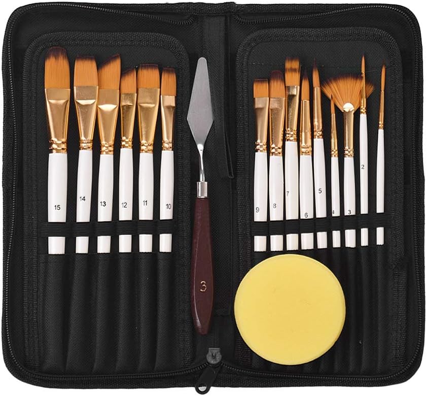 Aibecy New Artist Paint Brush Set 15 Different Shapes & Sizes Paintbrushes Wood Handles No Shed Hairs with Free Painting Knife&Sponge for Creative Body Paint Acrylics Oil Painting
