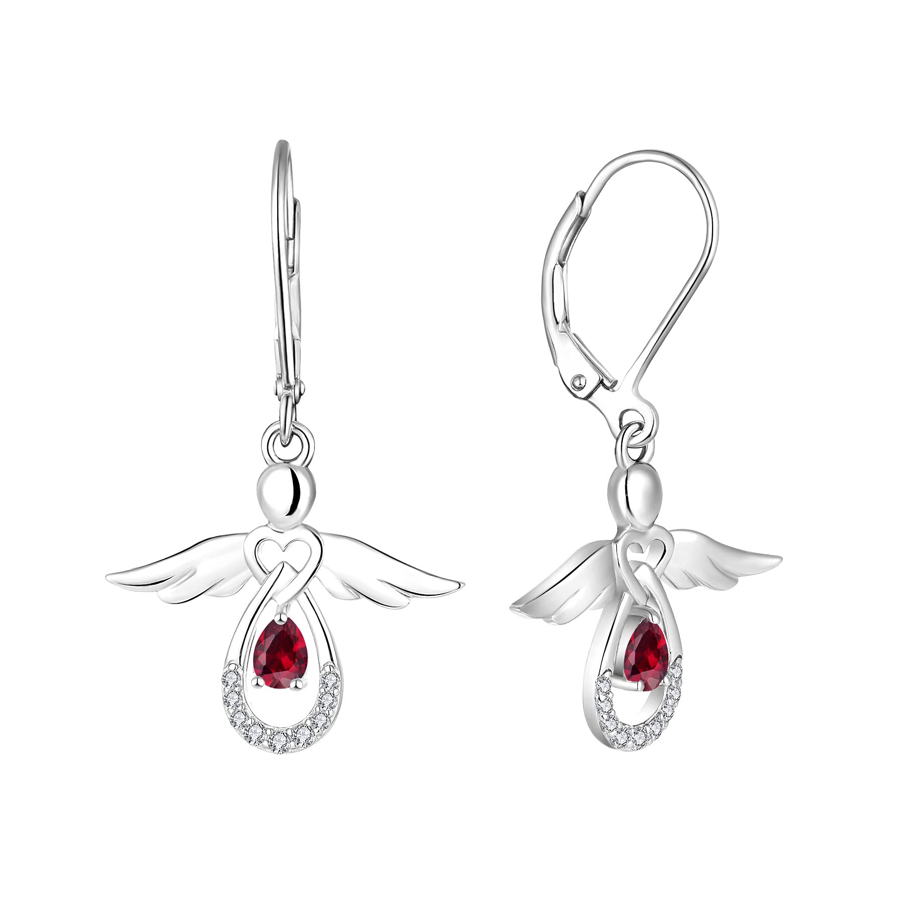 FJ Guardian Angel Earrings 925 Sterling Silver Leverback Dangle Drop Earrings Ruby July Birthstone Jewellery for Women
