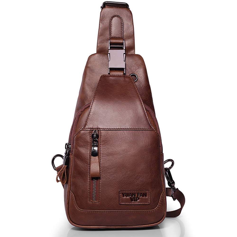 SIDNAZ Men's Genuine Leather Chest Shoulder Bag Vintage Multi Purpose Casual Travel Crossbody Bag UK897 Brown V1