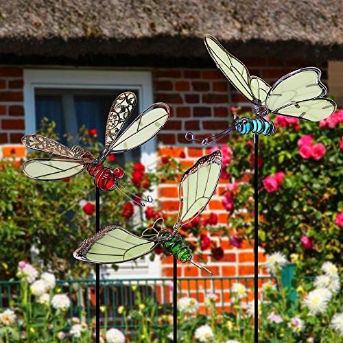 Metallic butterfly and dragonfly garden stakes, dark color, 12-inch length, priced at $22.99.