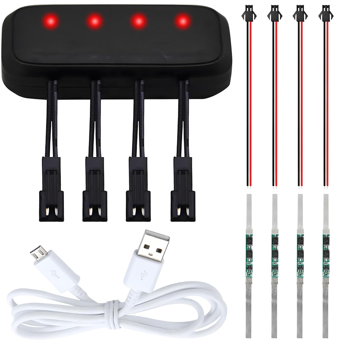 ZHUROUPU 4-in-1 3.7V Lipo Battery Charger with SM-2P & Micro USB Plug, 1 to 4 RC Model Charges Micro USB to Four SM-2P Plug for RC Car Boat Plane Drone Truck with Battery Protect Board